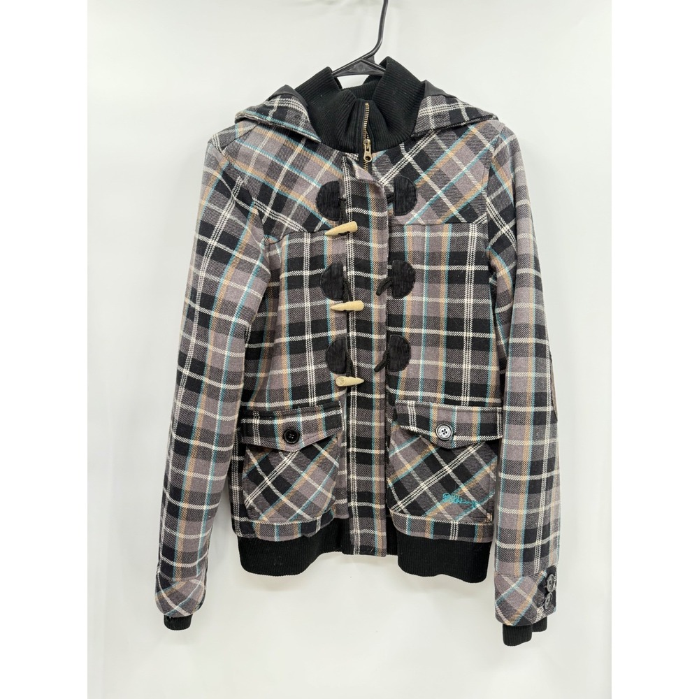 Billabong Small Plaid Hooded Toggle Jacket Womens Grey Corduroy Elbow Patches